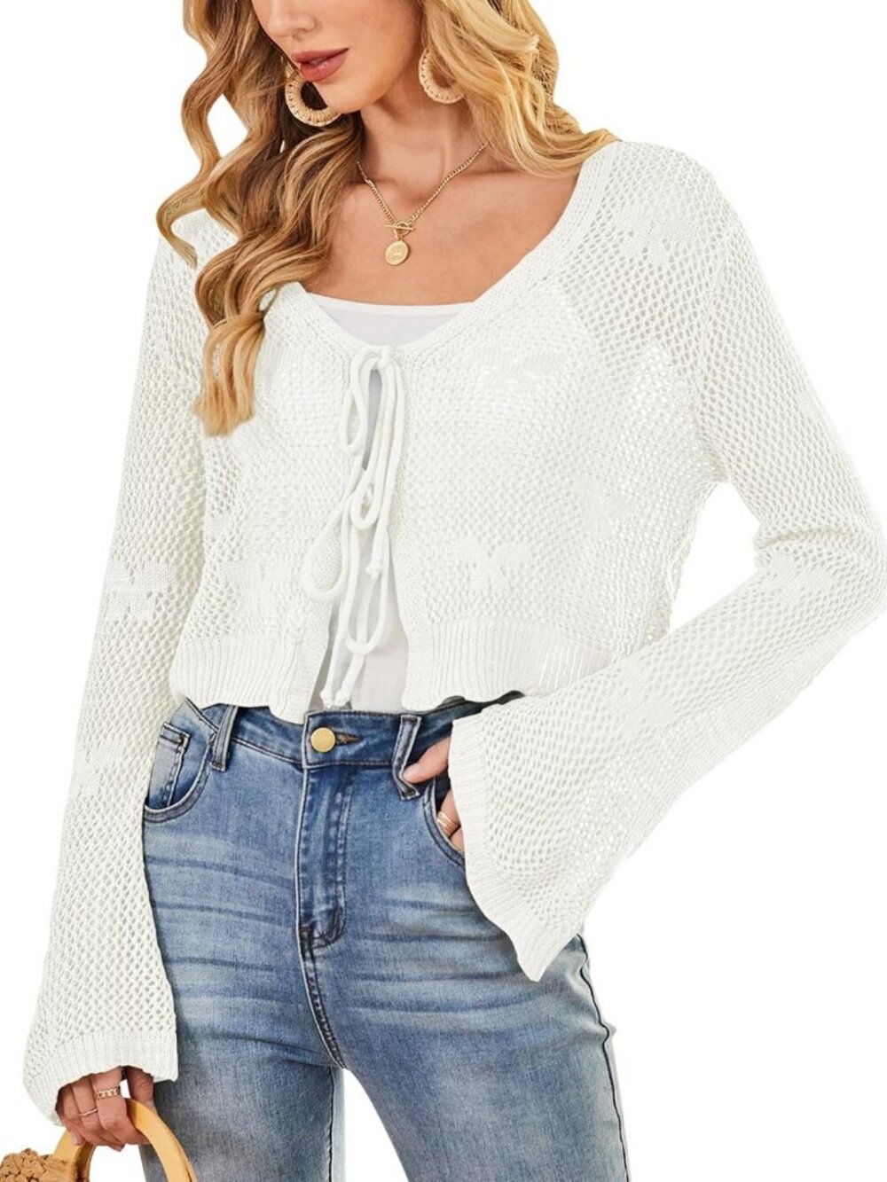 Chic Women's Crochet Cardigan - Tie Front, Bell Sleeve, Open Knit Sweater